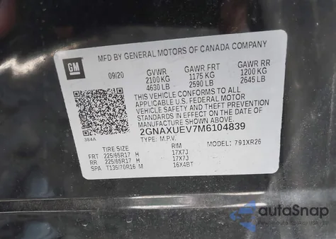 2021 Chevrolet Equinox Awd Lt z USA, uszkodzony, nr VIN 2GNAXUEV7M6104839